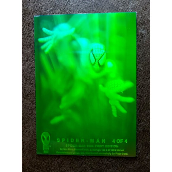 spider man 1994 first edition hologram card value FLEER THE AMAZING SPIDERMAN 4 OF 4 GREEN HOLO W/Plastic Protector 1994 Fleer Amazing Spider-Man Hologram